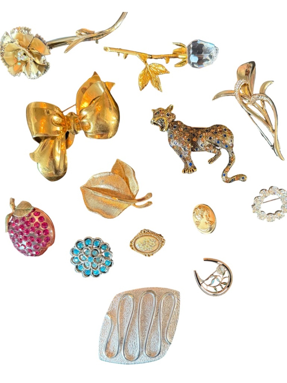 Lot Of 13 Vintage Brooches In Varying Metals, Gems And Colors.